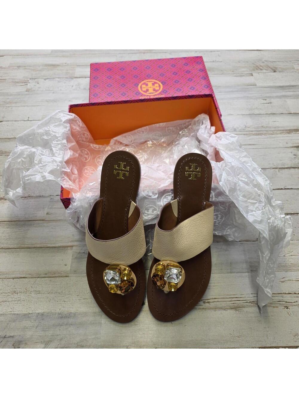 Tory Burch 9 1/2 Dulce de Leche Patos Jewell Embellished Leather Sandals EUC
